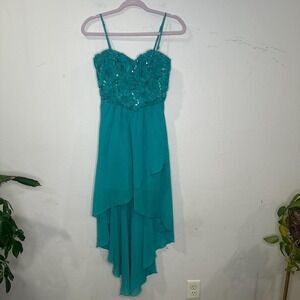 Y2K Fairy Whimsical Teal high low prom dress with sequins flower detail 5 Smal